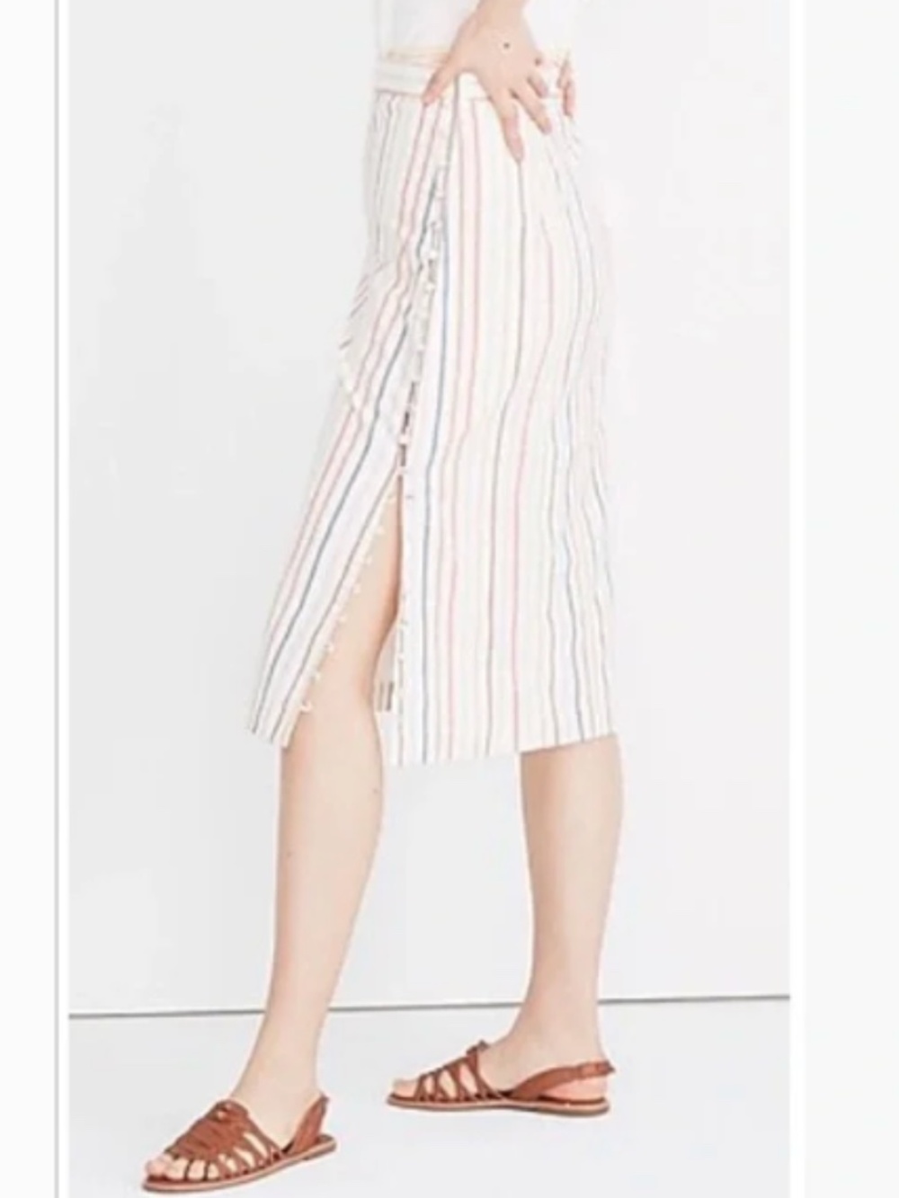 Madewell Button Slit Midi Skirt in Flecked Rainbow Stripe Sz 8